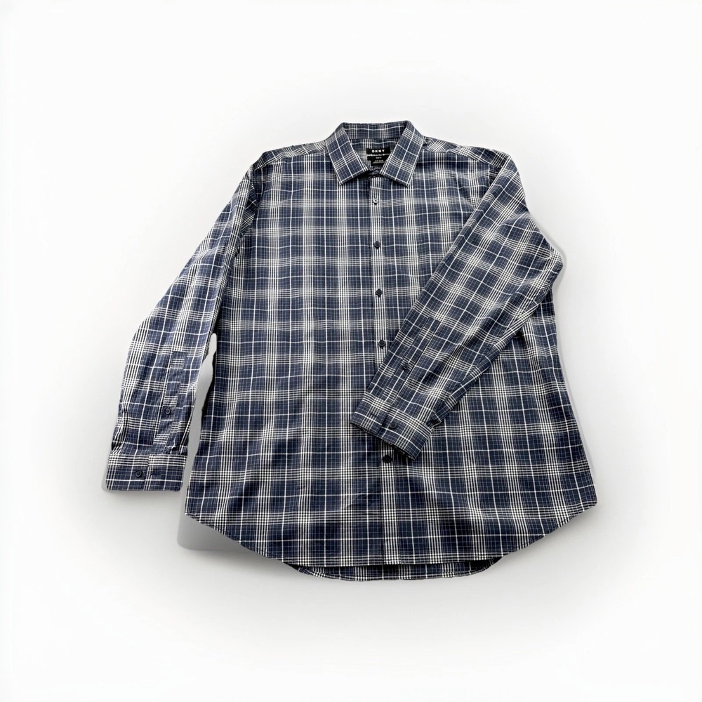 DKNY Men's Long Sleeve Dress Shirt 17.5 34/35 Blue Plaid Stretch‎ Cotton